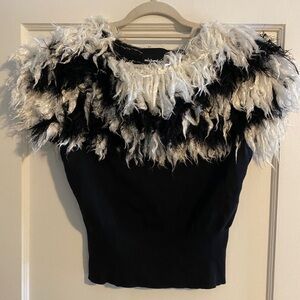 VTG Rare Michael Simon Black White Faux Feathered Collar Blouse Sweater Sz Small